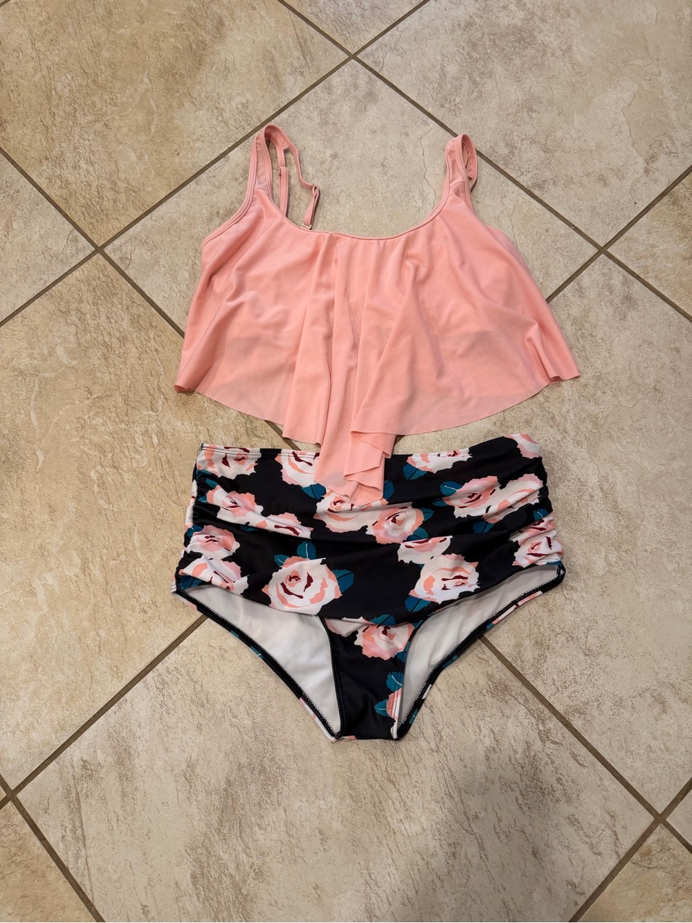 Women’s Size Large Pink Flounce Tankini Swimsuit w/ Floral High Waisted Bottoms
